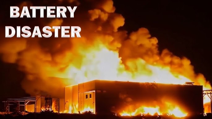 Battery storage containers fully engulfed in flames with a large black smoke plume.
