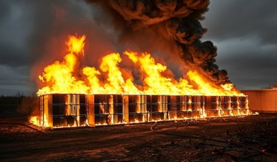 Battery storage containers on fire at night.