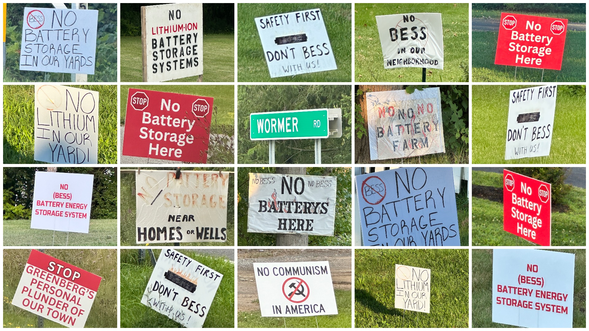 A collage of hand-made yard signs opposing battery energy storage, seen around the Wormer Road neighborhood.